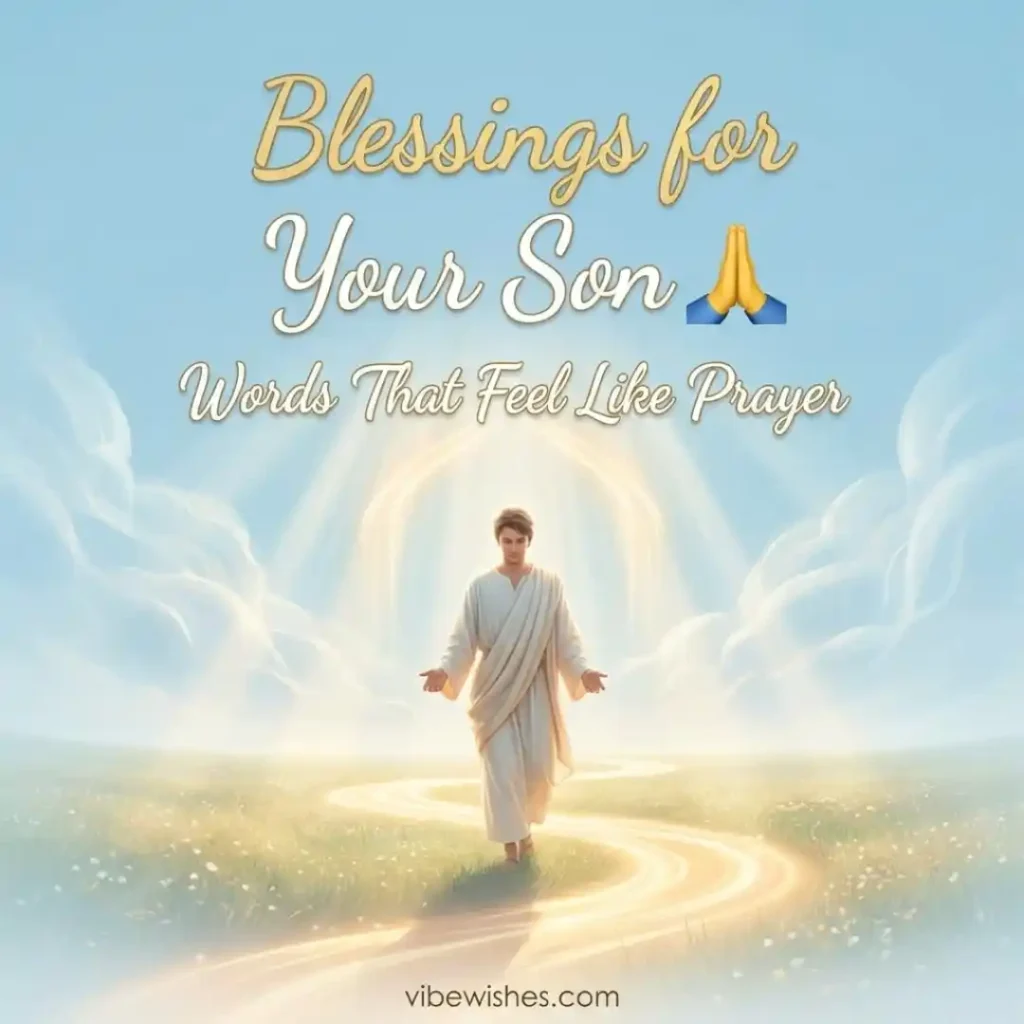 An artistic illustration of a man in a white robe walking down a glowing golden pathway through a grassy field under a bright blue sky, titled Blessings for Your Son.