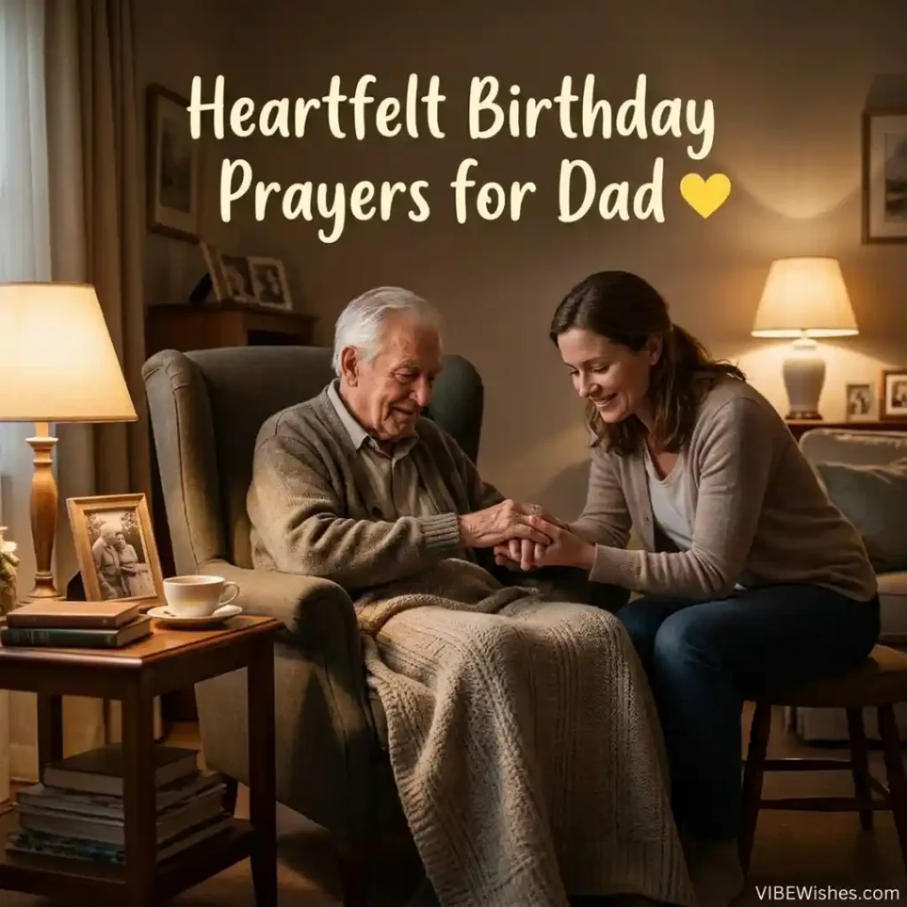 An elderly father in a cozy living room sitting with his daughter, representing heartfelt birthday prayers for dad.