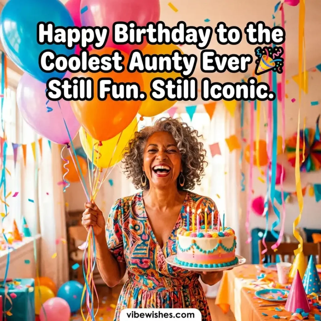 A joyful older woman holding a colorful birthday cake with lit candles, surrounded by bright balloons and party decorations.