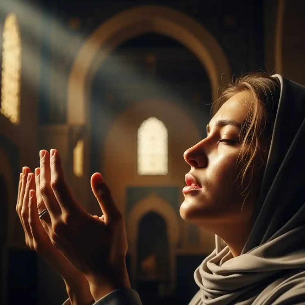A Muslim woman in a hijab making sincere dua with raised hands under a dramatic beam of light inside a mosque.