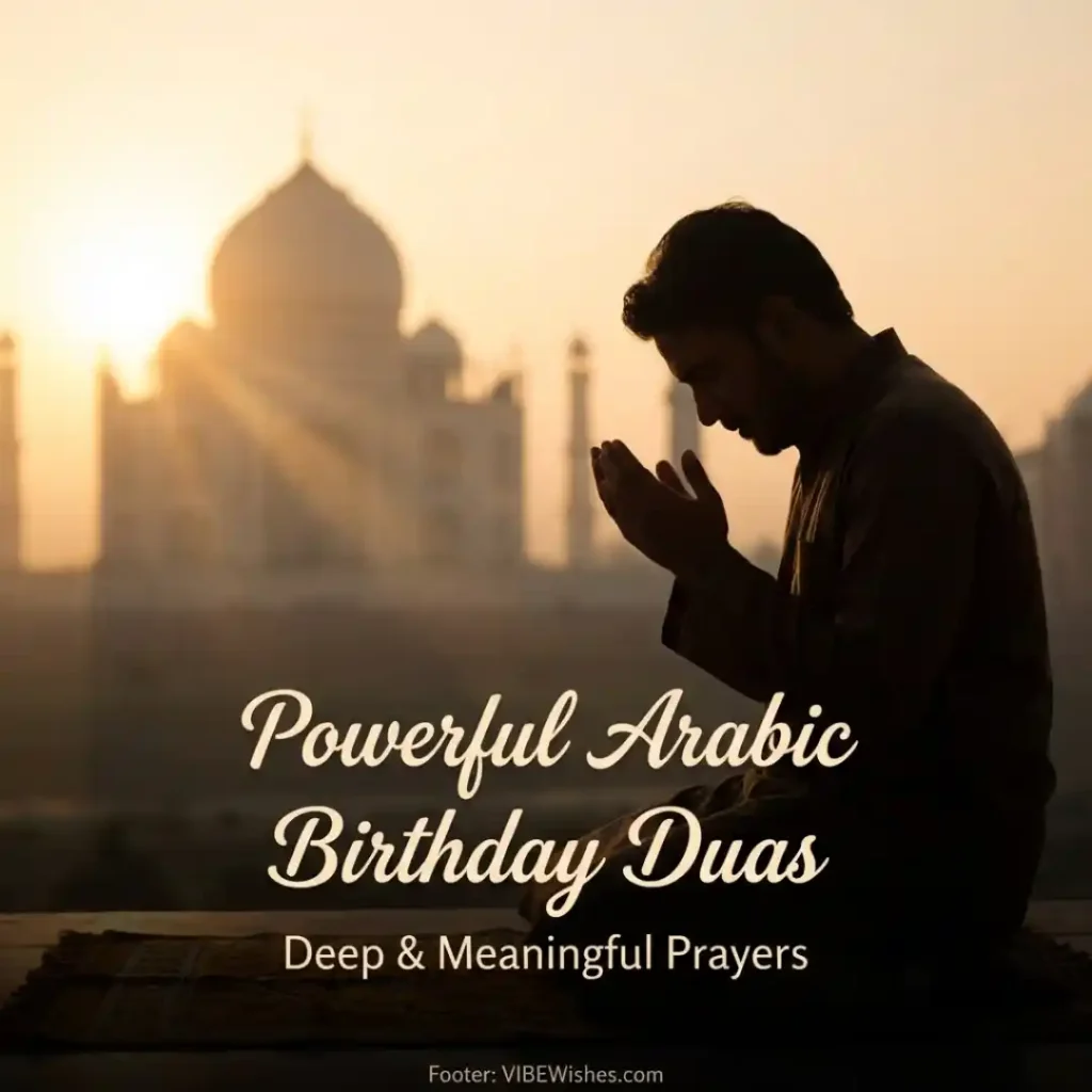 A Muslim man praying outside with raised hands in front of a majestic mosque silhouette at sunrise.