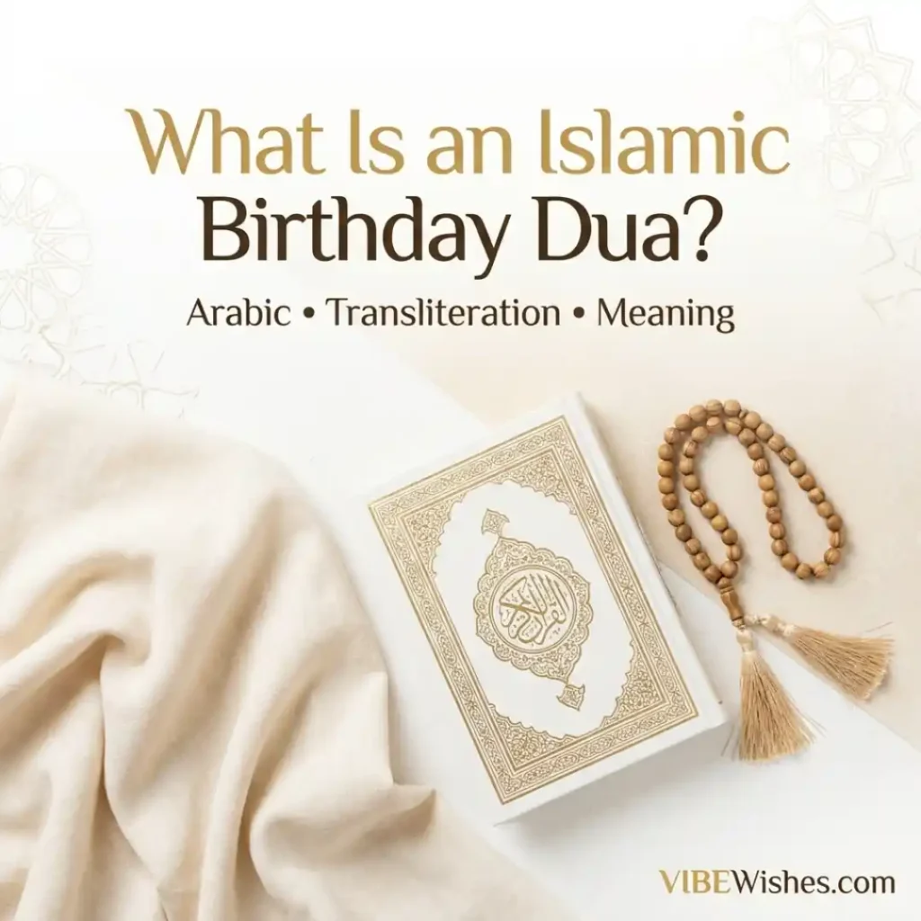 The Holy Quran and prayer beads on a clean white background explaining Islamic birthday dua with Arabic text.