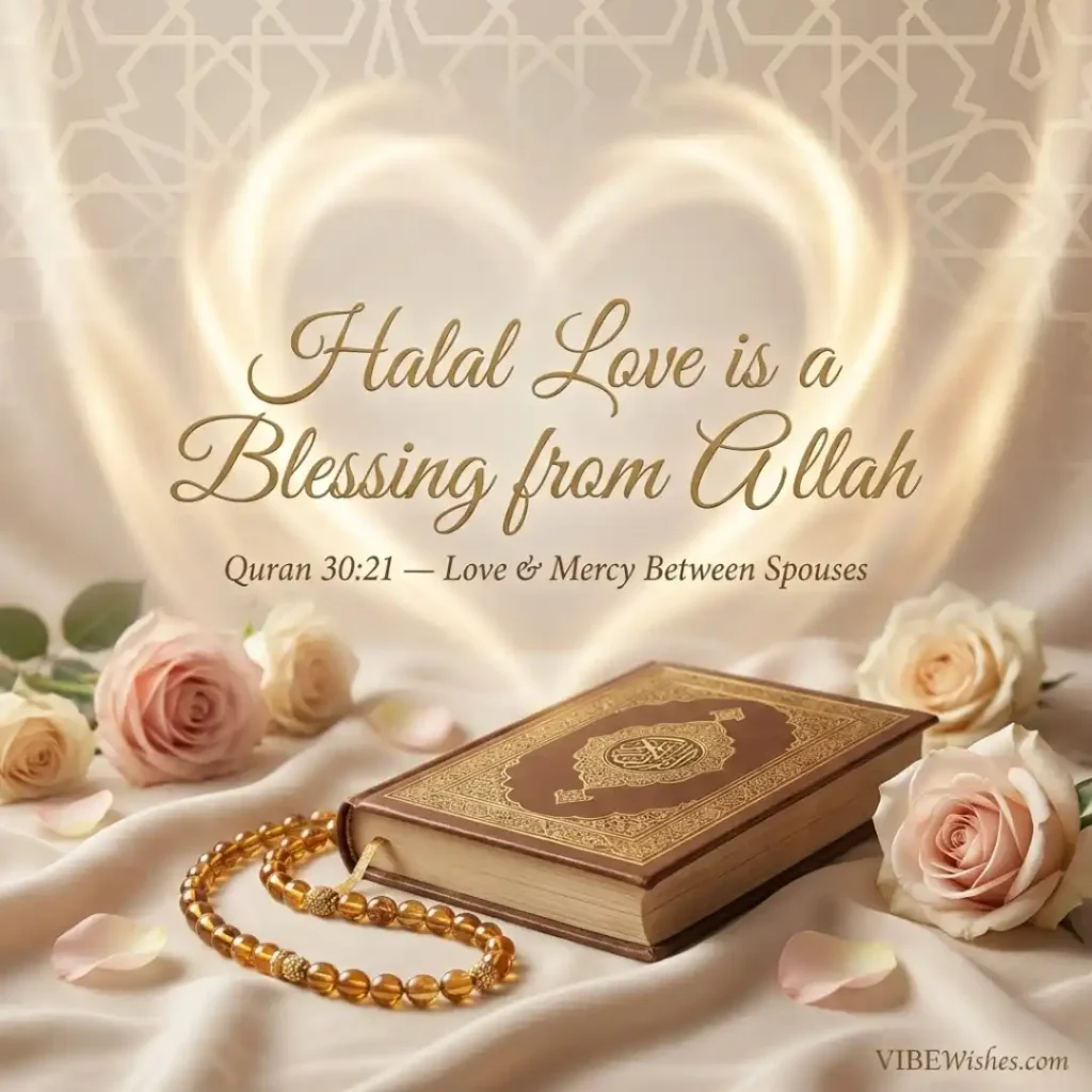 An elegant copy of the Holy Quran with a golden tasbih and pink roses representing a romantic Islamic birthday wish for wife.