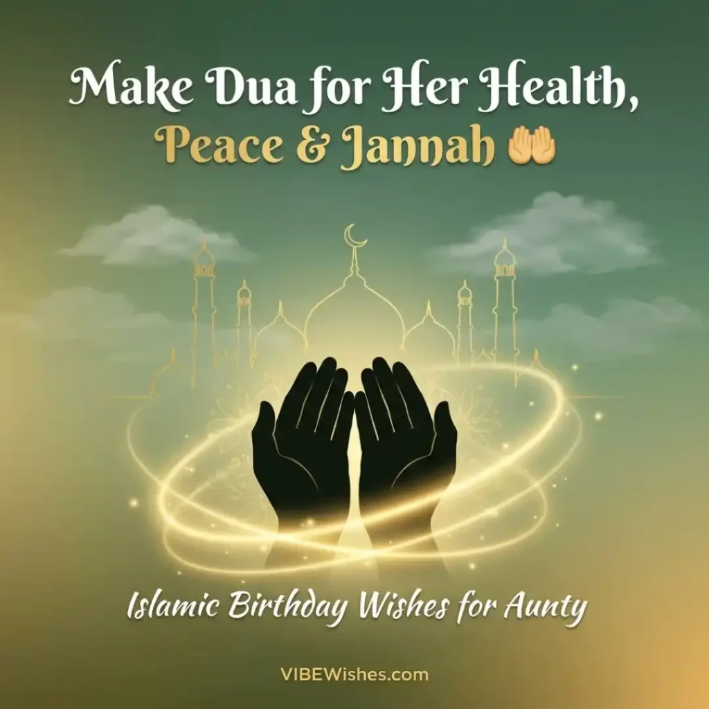 A beautiful graphic for Islamic birthday wishes for aunt featuring cupped hands making a dua.