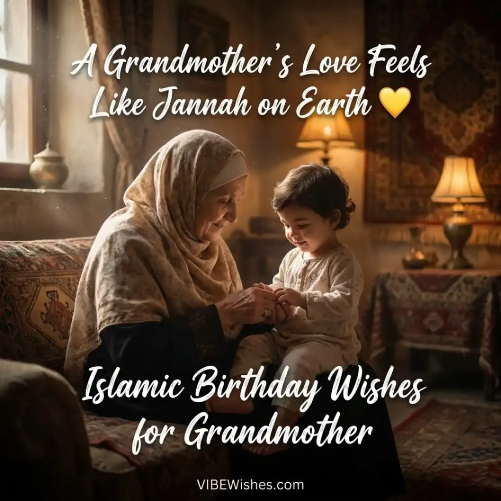 A touching generation scene representing Islamic birthday wishes for grandmother as she smiles at her grandchild.
