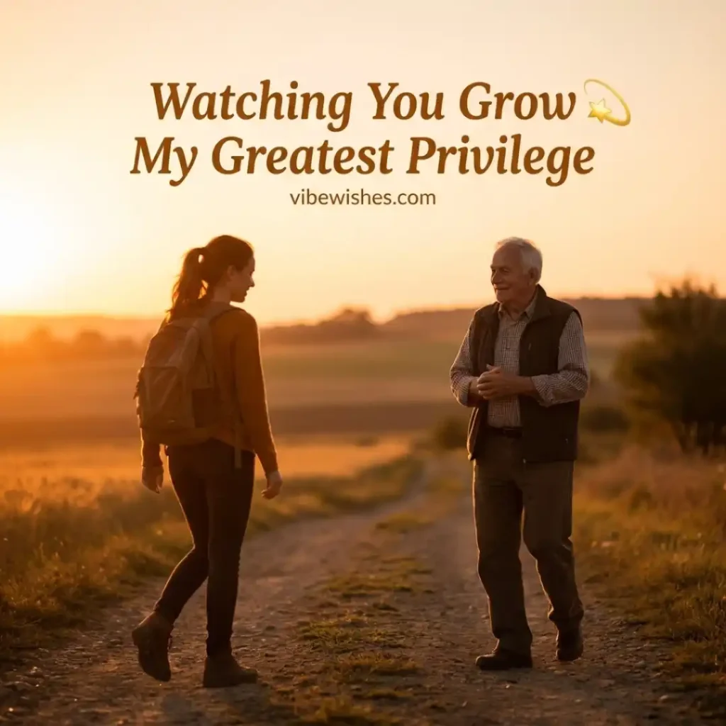 An elderly father walking along a dirt path in a golden field next to his grown daughter carrying a backpack during sunset, with the text Watching You Grow My Greatest Privilege.