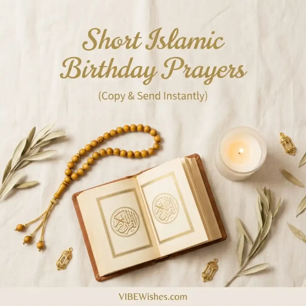 A serene green and gold graphic featuring cupped praying hands to illustrate an Islamic birthday prayer message.