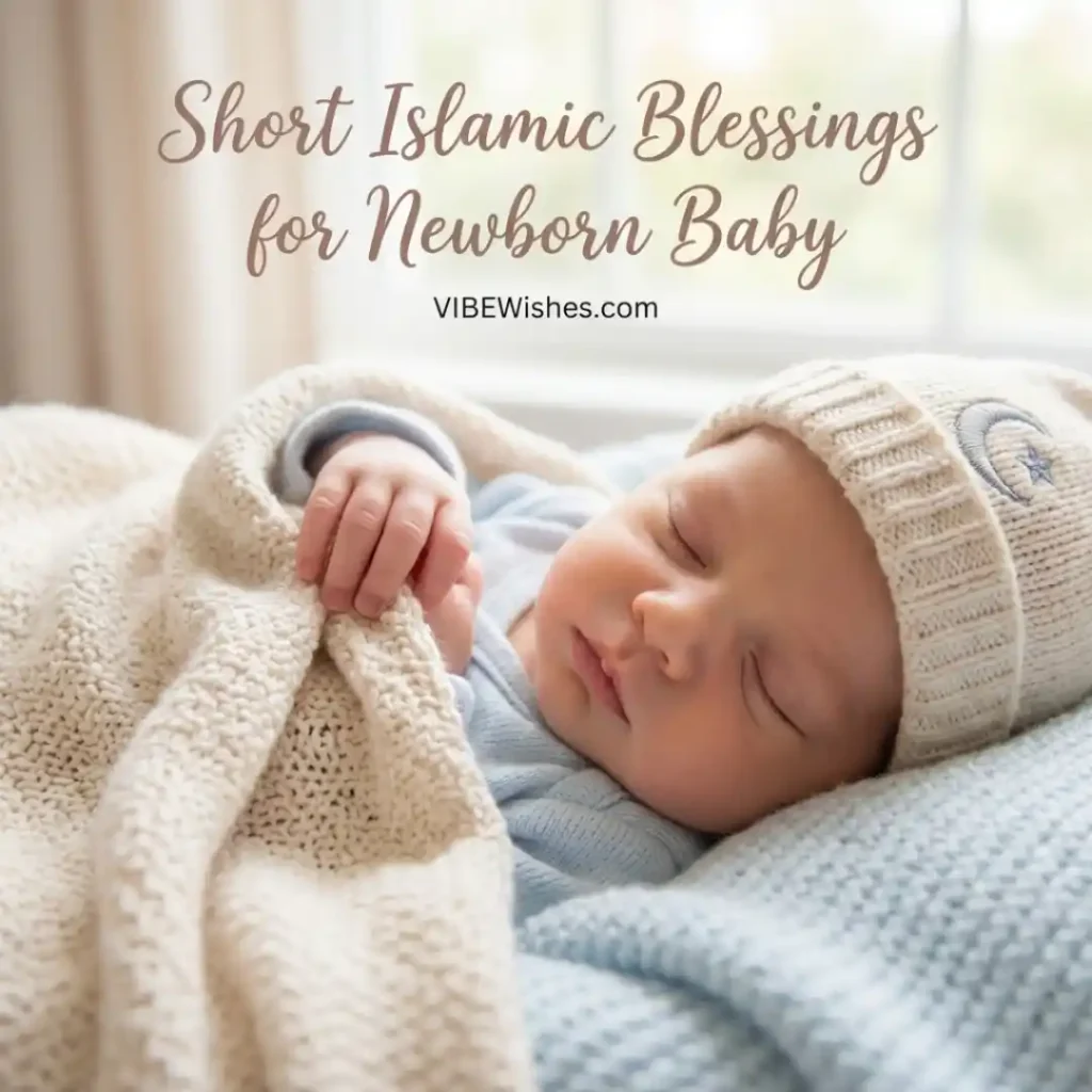 Close up of a sleeping baby in a light blue blanket wearing a knitted hat with a crescent moon, illustrating short Islamic birthday wishes for newborn baby.