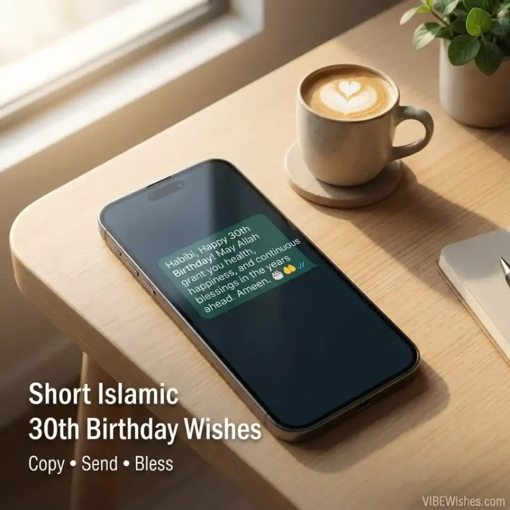 A minimalist and modern text card template designed for sharing short Islamic 30th birthday wishes.