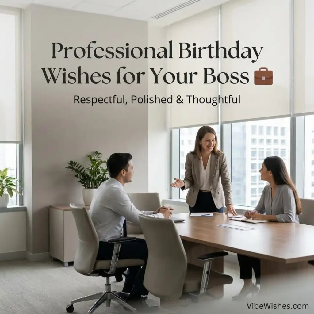 A female manager in a beige blazer speaking confidently during a meeting in a corporate conference room, with text overlay Professional Birthday Wishes for Your Boss.