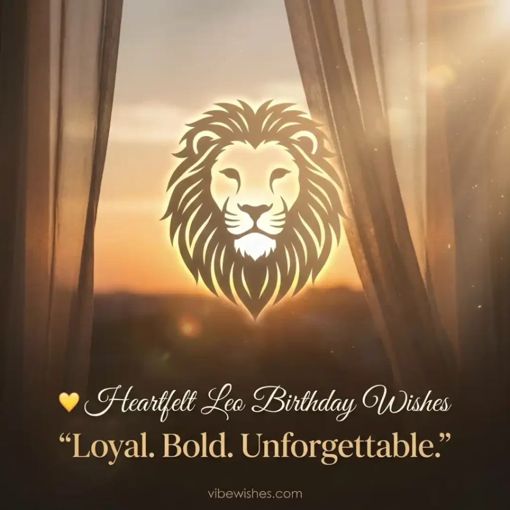 A golden glowing lion face logo framed by curtains at sunset for heartfelt Leo birthday wishes.