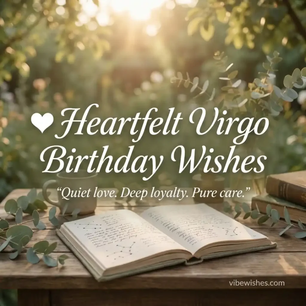 An open handwritten book on a wooden garden table surrounded by eucalyptus leaves for heartfelt Virgo birthday wishes.