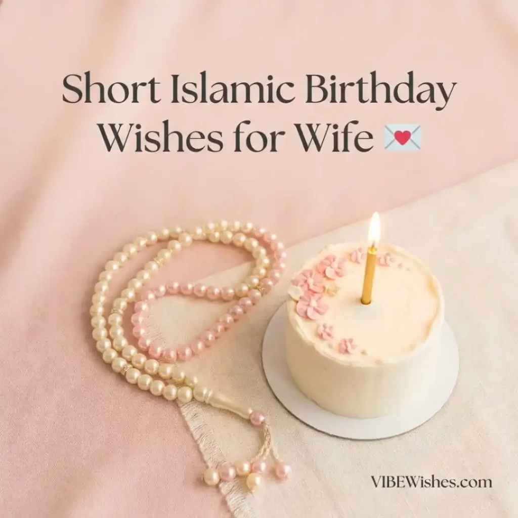 A top-down flat lay view of a small white frosted birthday cake with a single lit candle next to a prayer bead tasbih, titled Short Islamic Birthday Wishes for Wife.