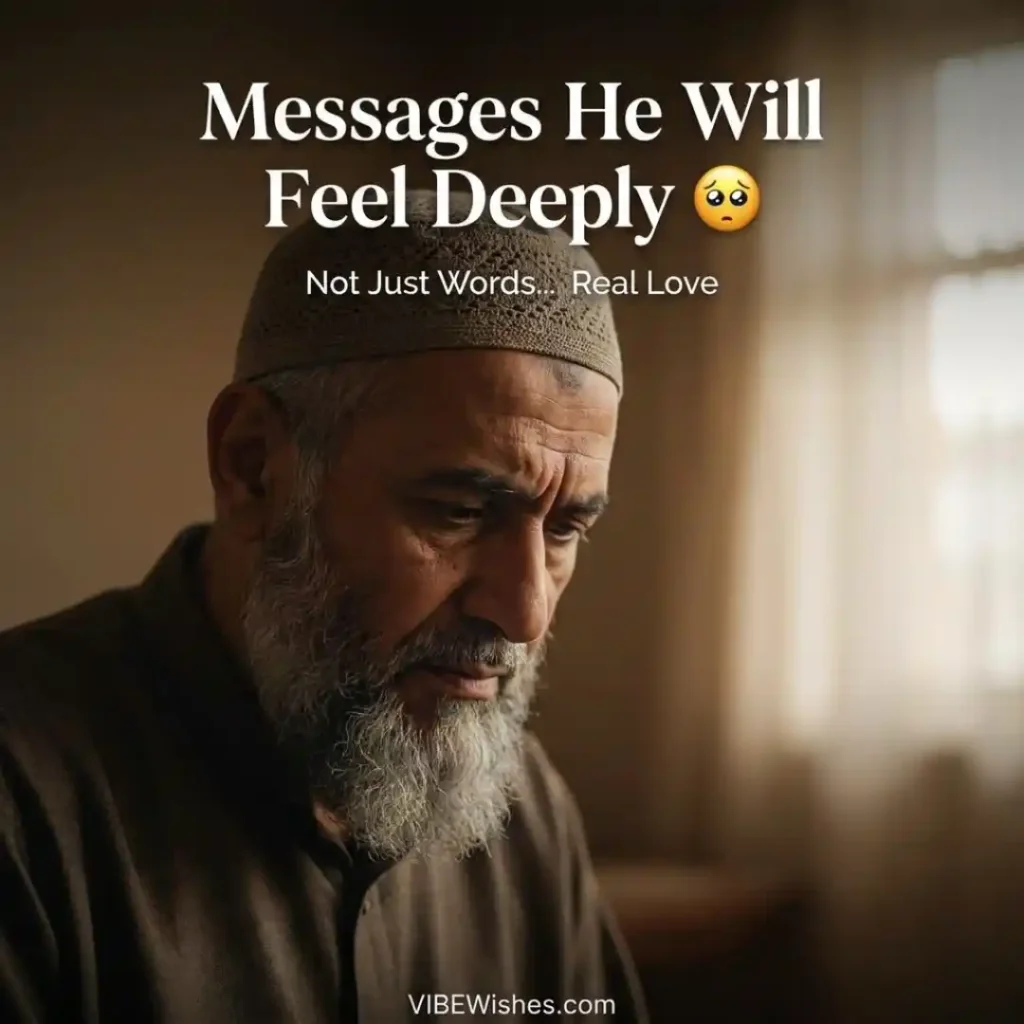 A close up portrait of an older bearded Muslim man reflecting the deep emotion of heart touching Islamic birthday wishes for husband.