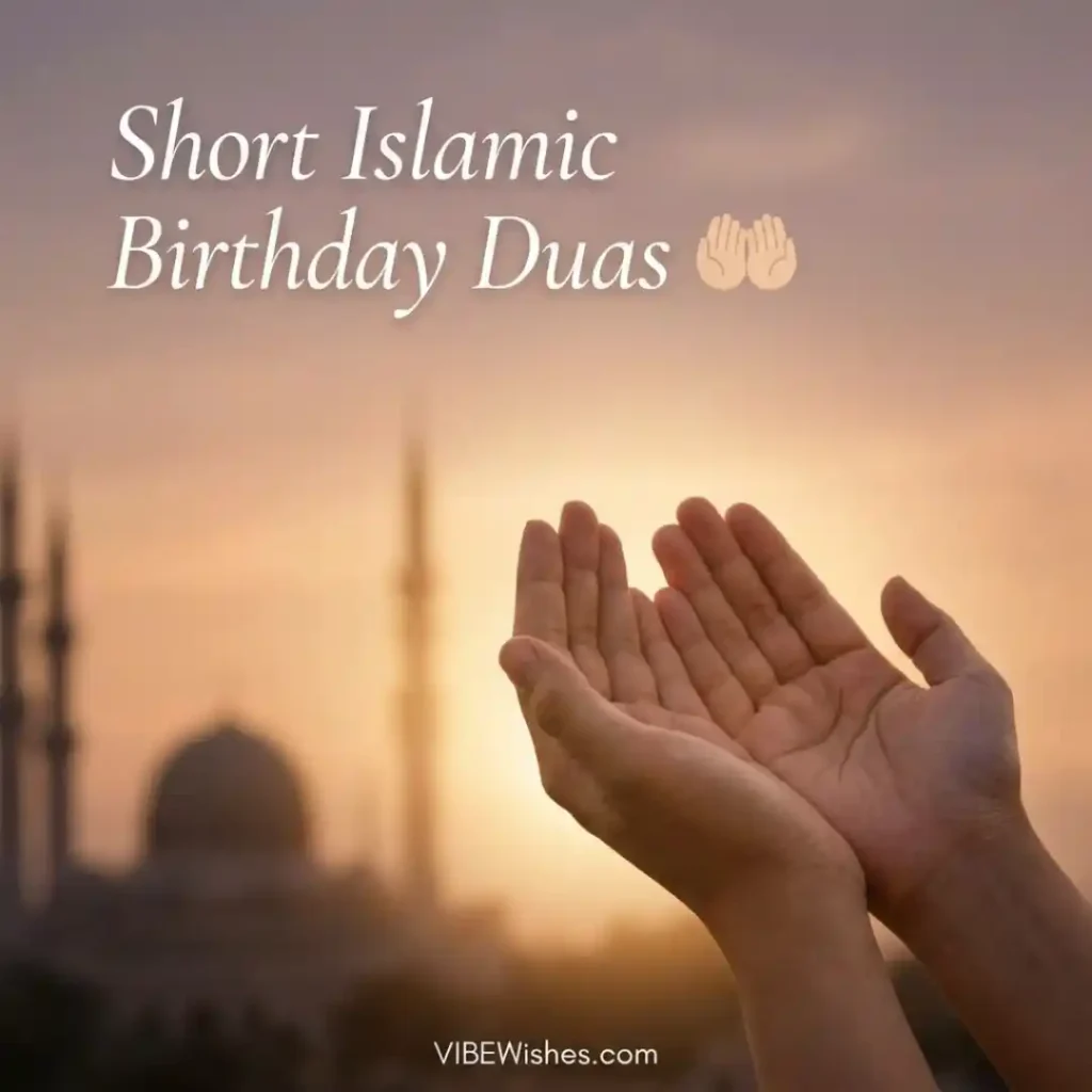 Hands raised in sincere supplication against a sunset sky reflecting short Islamic birthday wishes and prayers.