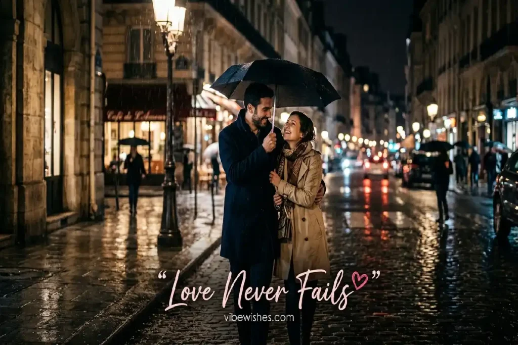 Romantic couple in rain representing true love quotes about never failing love