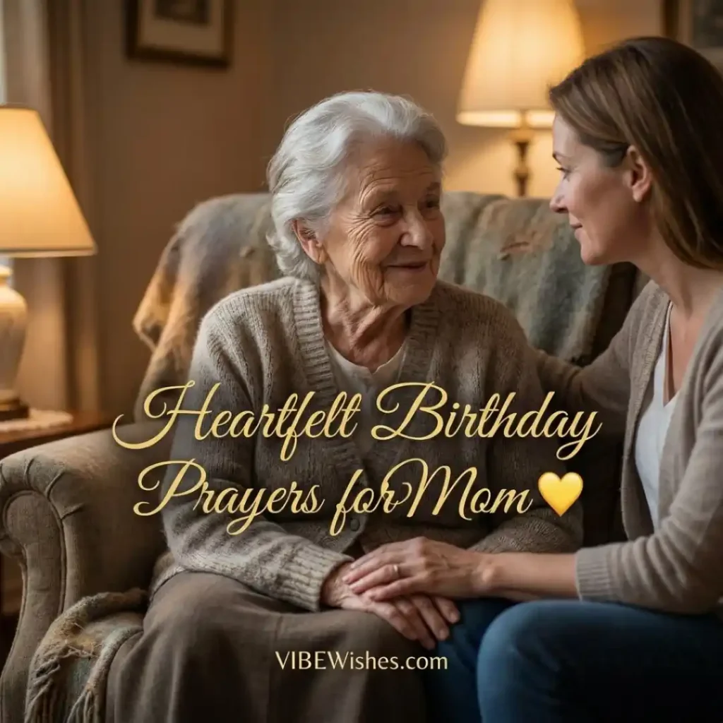 An elderly mother and her adult daughter sharing a tender moment, perfect for heartfelt birthday prayers for mom.