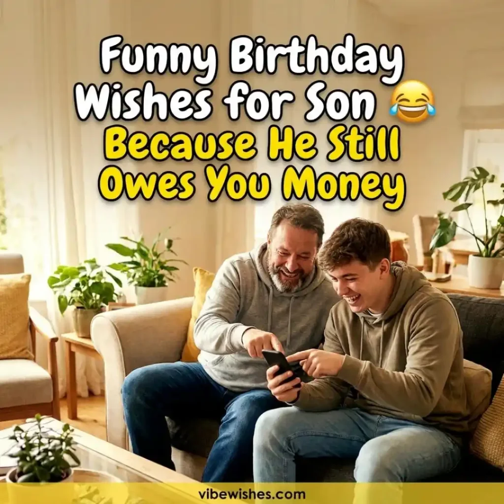 A laughing father and his teenage son sitting on a living room couch looking at a smartphone together, with the text Funny Birthday Wishes for Son Because He Still Owes You Money.