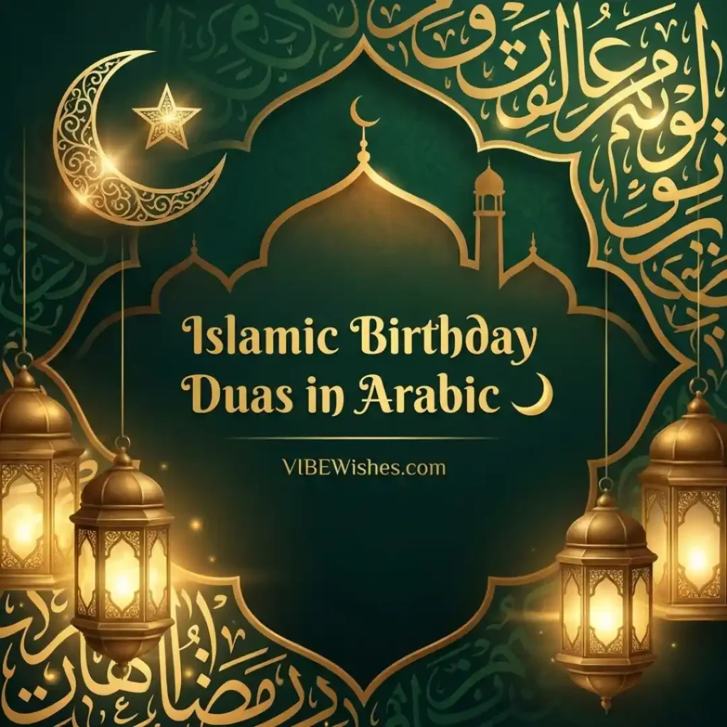 Islamic birthday dua for father in Arabic calligraphy design theme featuring green luxury patterns and hanging gold lanterns.
