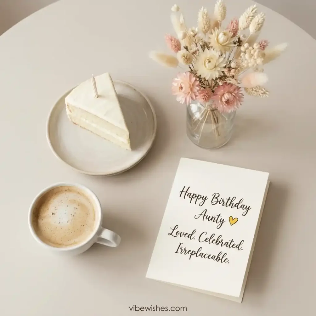 A minimalist overhead view of a slice of white cake, a cup of coffee, dried flowers, and a greeting card that says Happy Birthday Aunty.