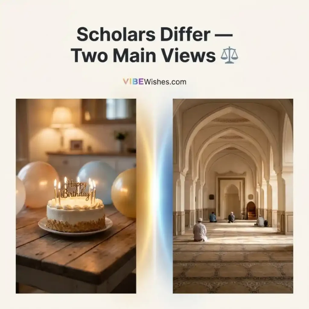 A family gathering around a table with a lit cake, questioning the modern birthday celebration limits in Islam.