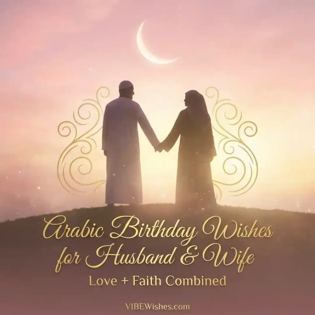 Silhouette of a Muslim husband and wife holding hands on a hill against a warm sunset sky with a crescent moon.