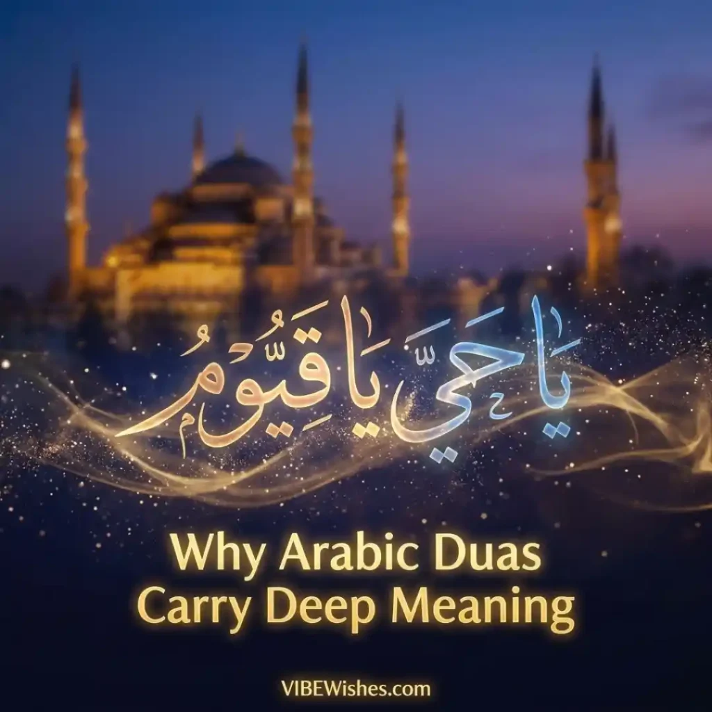 Luminous Arabic calligraphy of Ya Hayyu Ya Qayyum in front of a blue-lit mosque background.