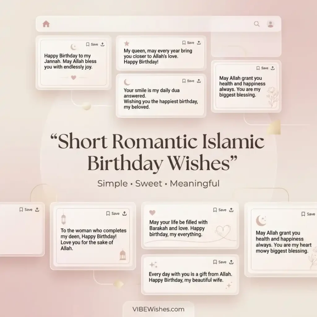 A collection of clean glassmorphism cards showing short romantic Islamic birthday wish for wife examples.