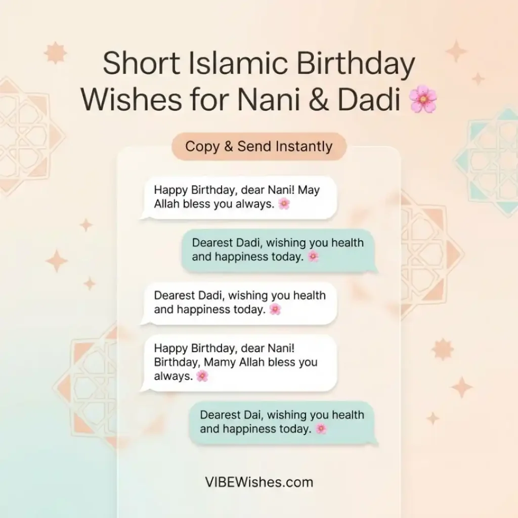 A mock chat screen layout featuring short Islamic birthday wishes for grandmother to copy and paste.