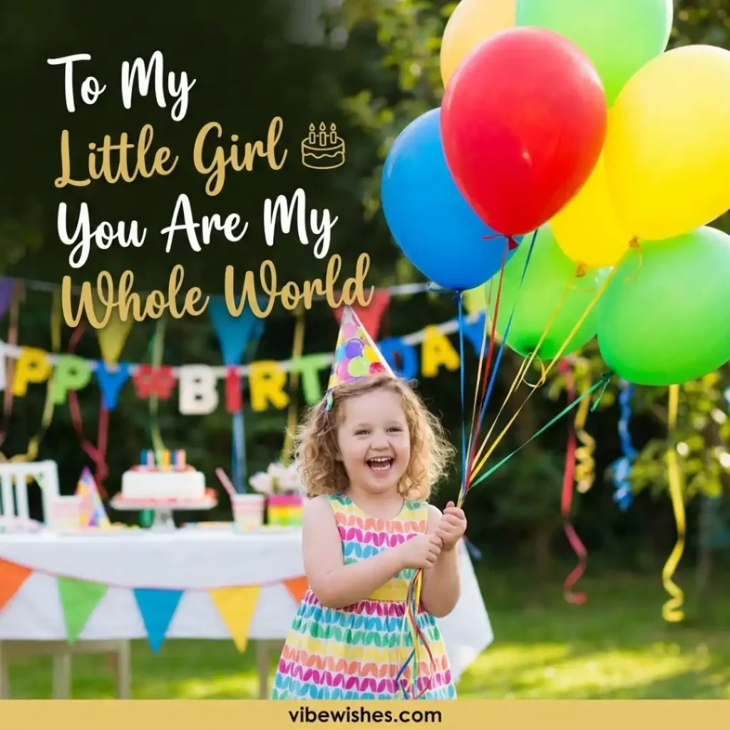 A happy little girl in a colorful striped dress laughing while holding a large bunch of balloons at an outdoor birthday party, titled To My Little Girl You Are My Whole World.