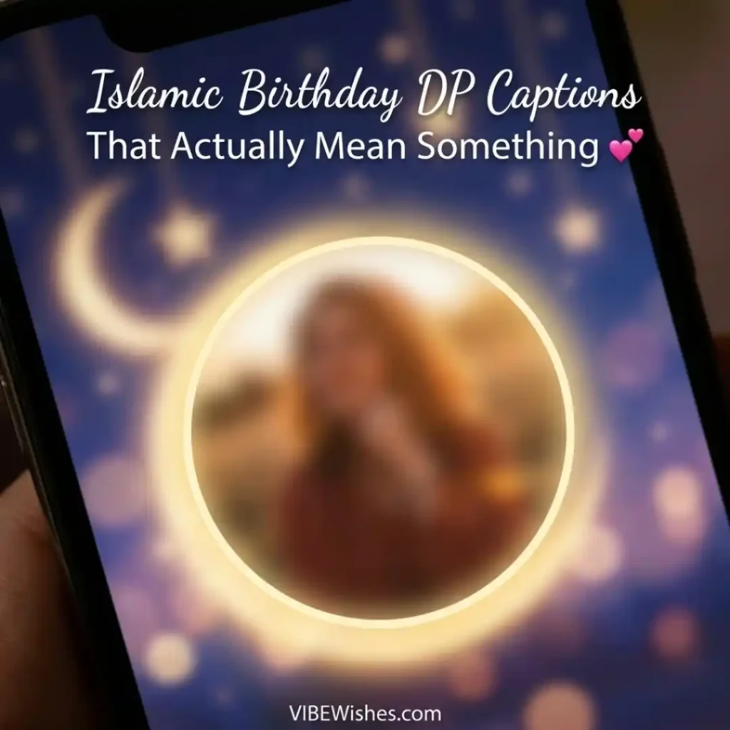 A pastel background layout showcasing short messages to copy for an Islamic birthday WhatsApp status.