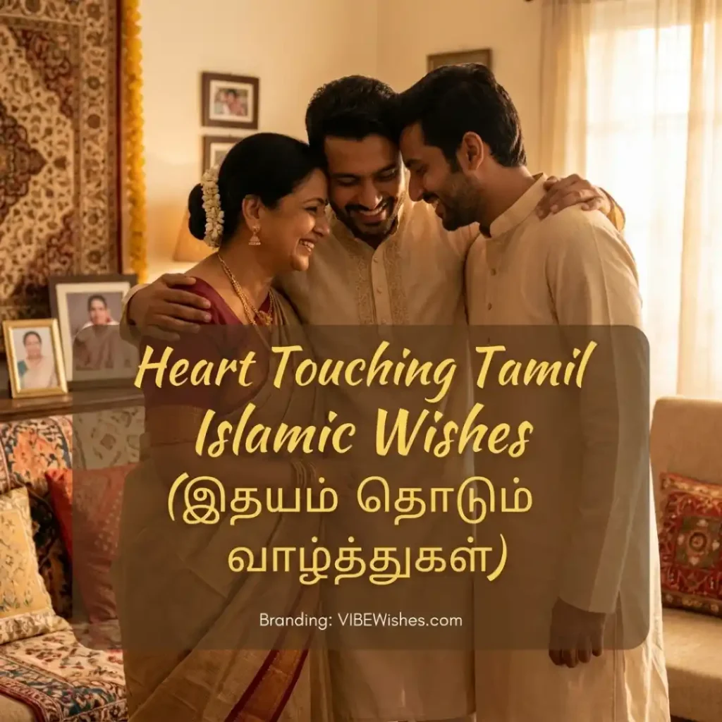 A mother embracing her two adult sons warmly in a living room, perfect for sharing heart-touching Islamic birthday wishes in Tamil.