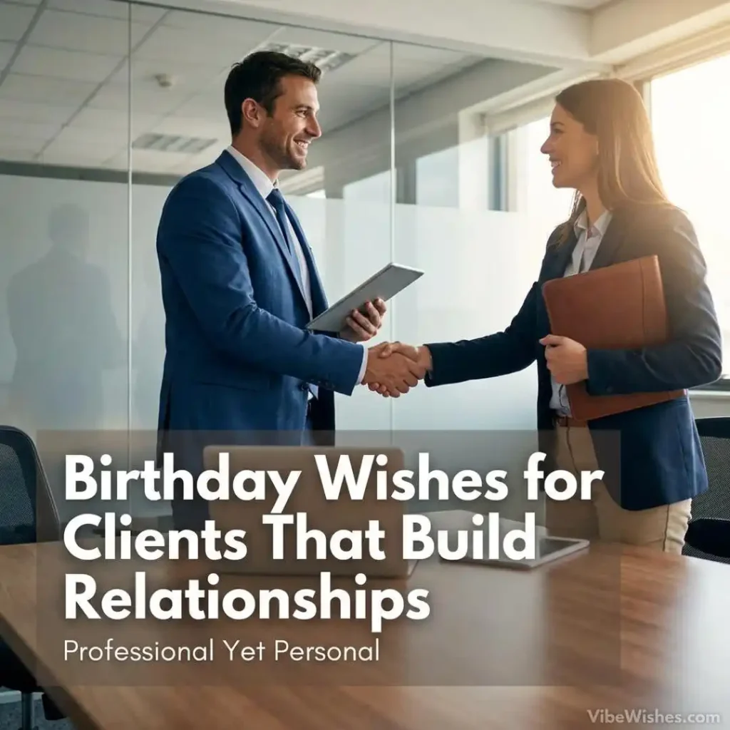 A businessman in a blue suit smiling and shaking hands with a businesswoman in an office, with text reading Birthday Wishes for Clients That Build Relationships.