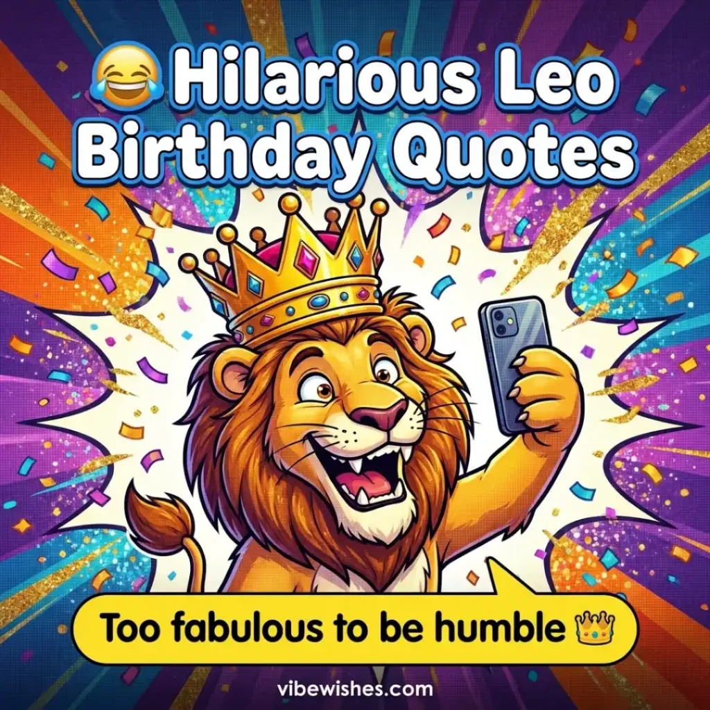 A funny cartoon lion wearing a crown taking a selfie for hilarious Leo birthday wishes.