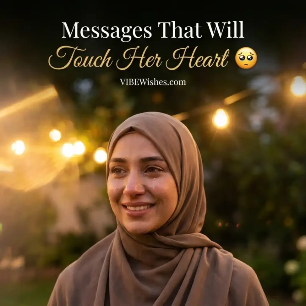 A close-up portrait of a tearful Muslim woman smiling under warm lights, featuring text overlay Messages That Will Touch Her Heart and optimized for heart touching Islamic birthday wishes for wife.