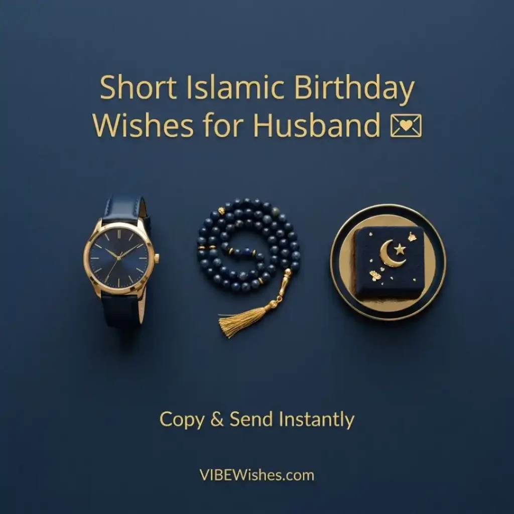 A minimalist flat lay of a watch prayer beads and a crescent moon cake representing short heart touching Islamic birthday wishes for husband.