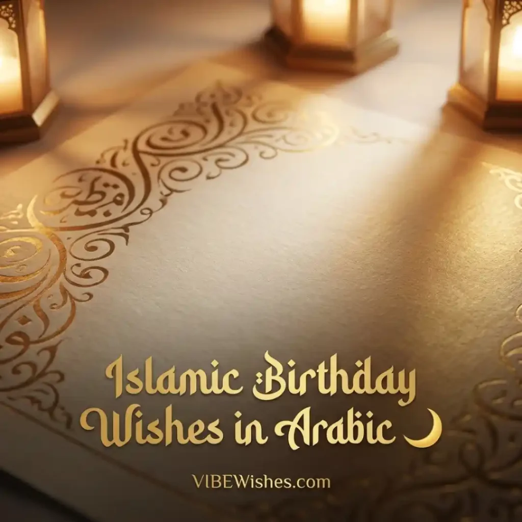 A close up of an elegant textured card with gold foil patterns ideal for short Islamic birthday wishes in Arabic.
