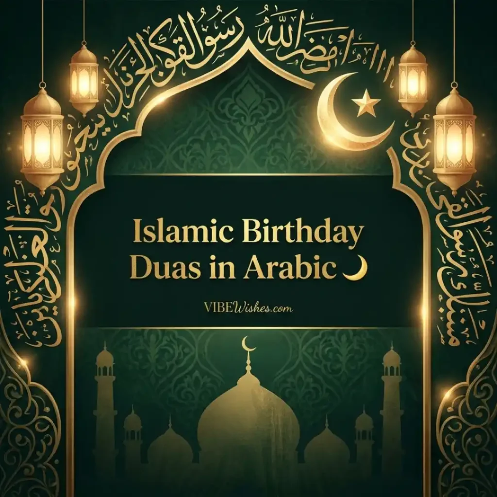 Islamic birthday dua for mother in Arabic text graphic with luxury green and gold mosque arch design.