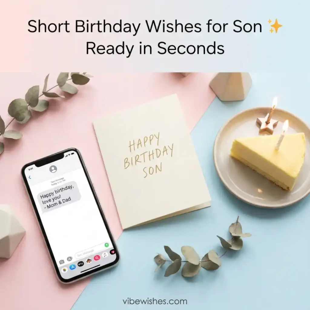 A flat lay view of a smartphone showing a text message from Mom and Dad next to a handmade card that says Happy Birthday Son and a slice of cake.