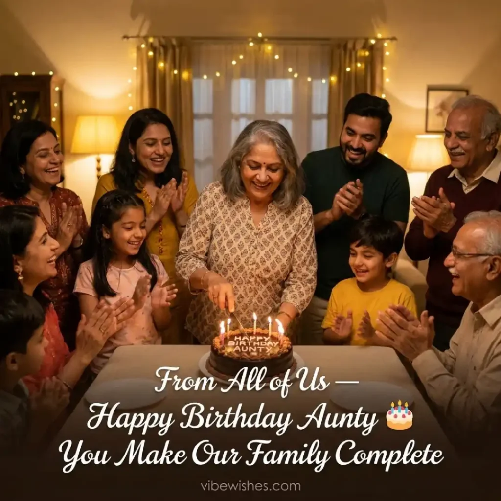 A large family clapping and smiling as an aunt cuts her chocolate birthday cake during an evening home celebration.