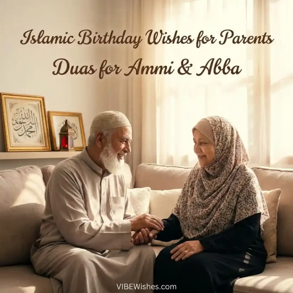 An elderly Muslim couple smiling and holding hands on a couch with Islamic calligraphy frames in the background.