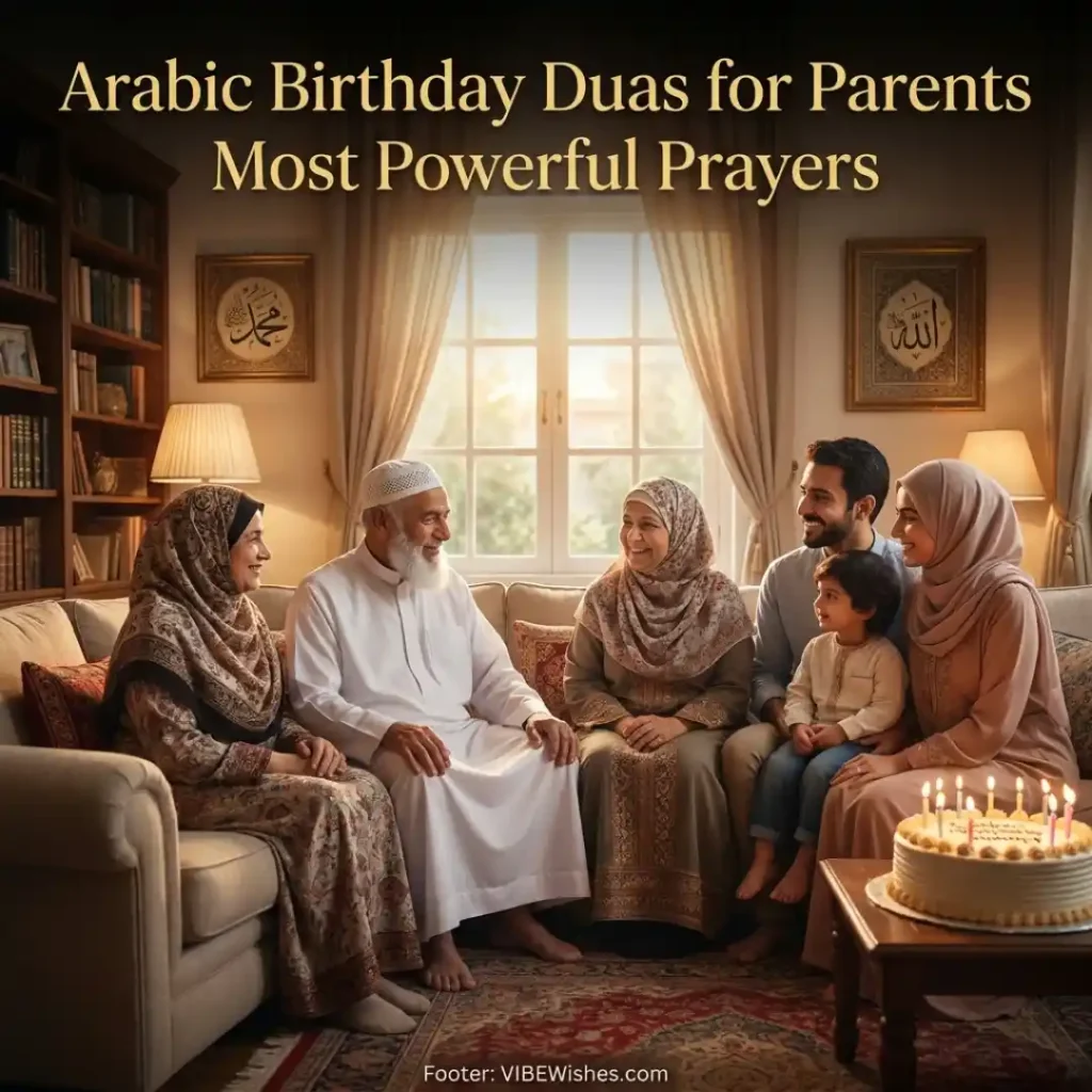 A happy multigenerational Muslim family gathered around a living room couch with a glowing birthday cake.