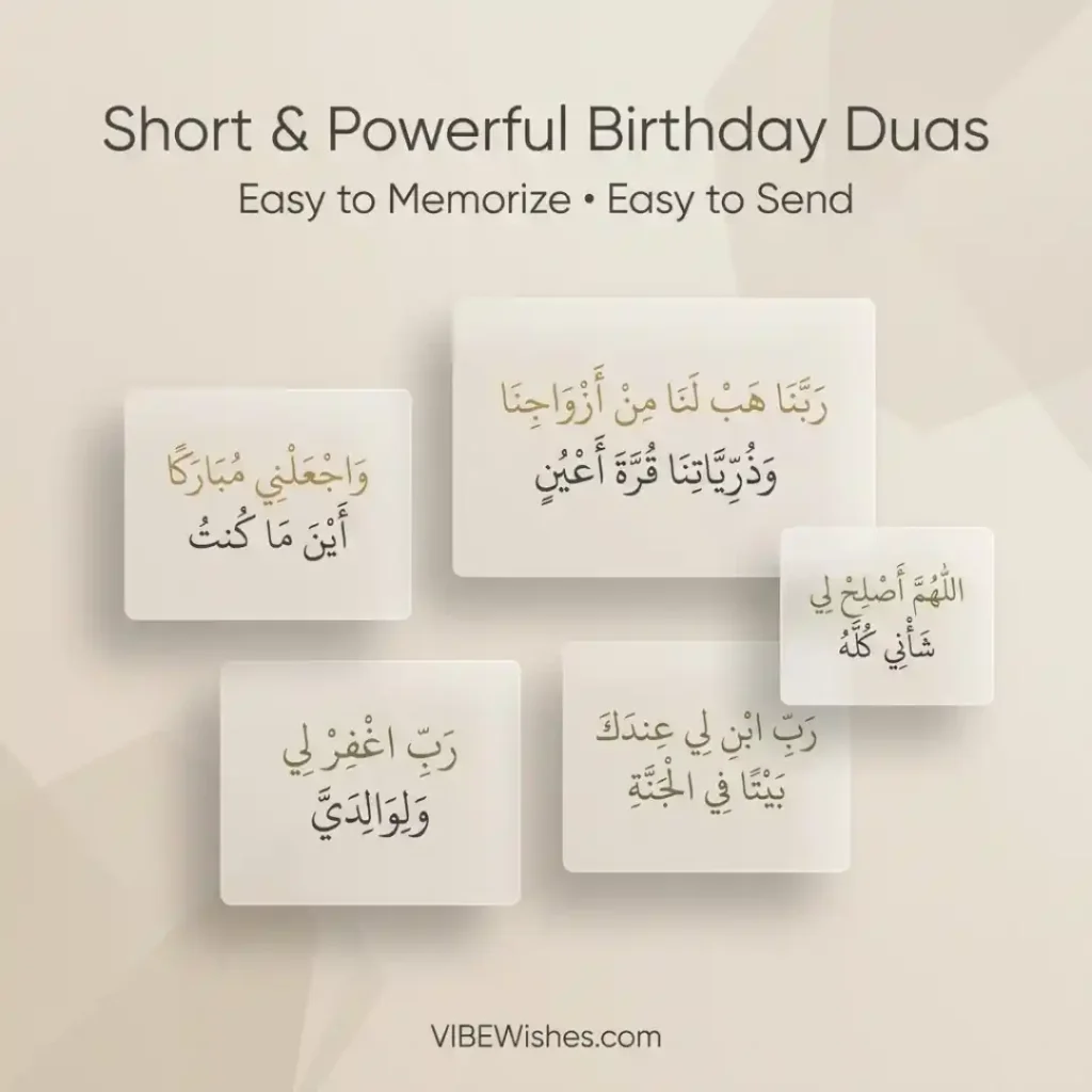 A collection of five short Islamic birthday dua cards with Arabic text and diacritics.