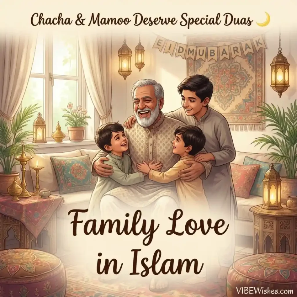 A close-knit Muslim family gathered around a dinner table representing a warm Islamic birthday wish for uncle concept.