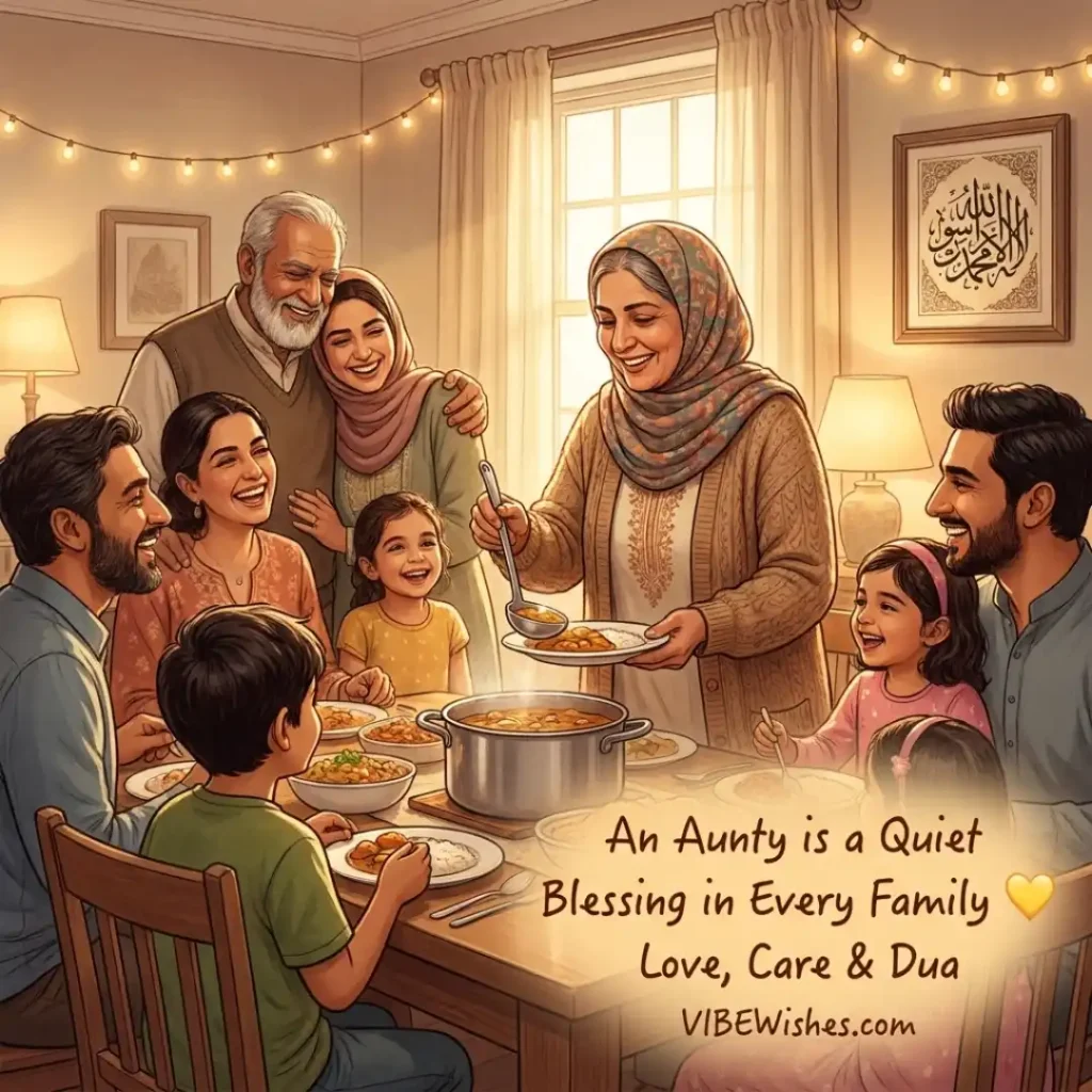 A warm family dinner illustration matching Islamic birthday wishes for aunt as a quiet blessing.
