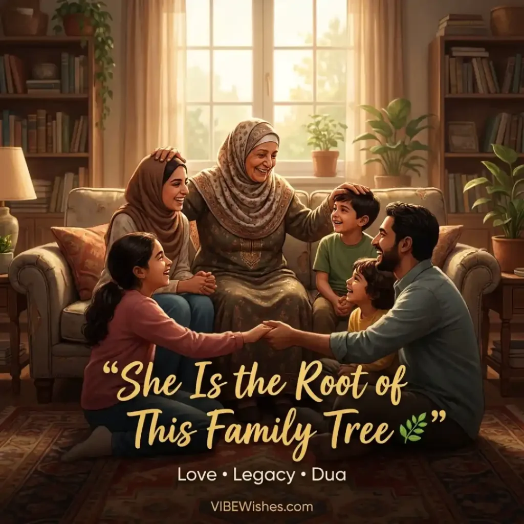 A colorful family illustration perfect to accompany Islamic birthday wishes for grandmother as the root of the family tree.