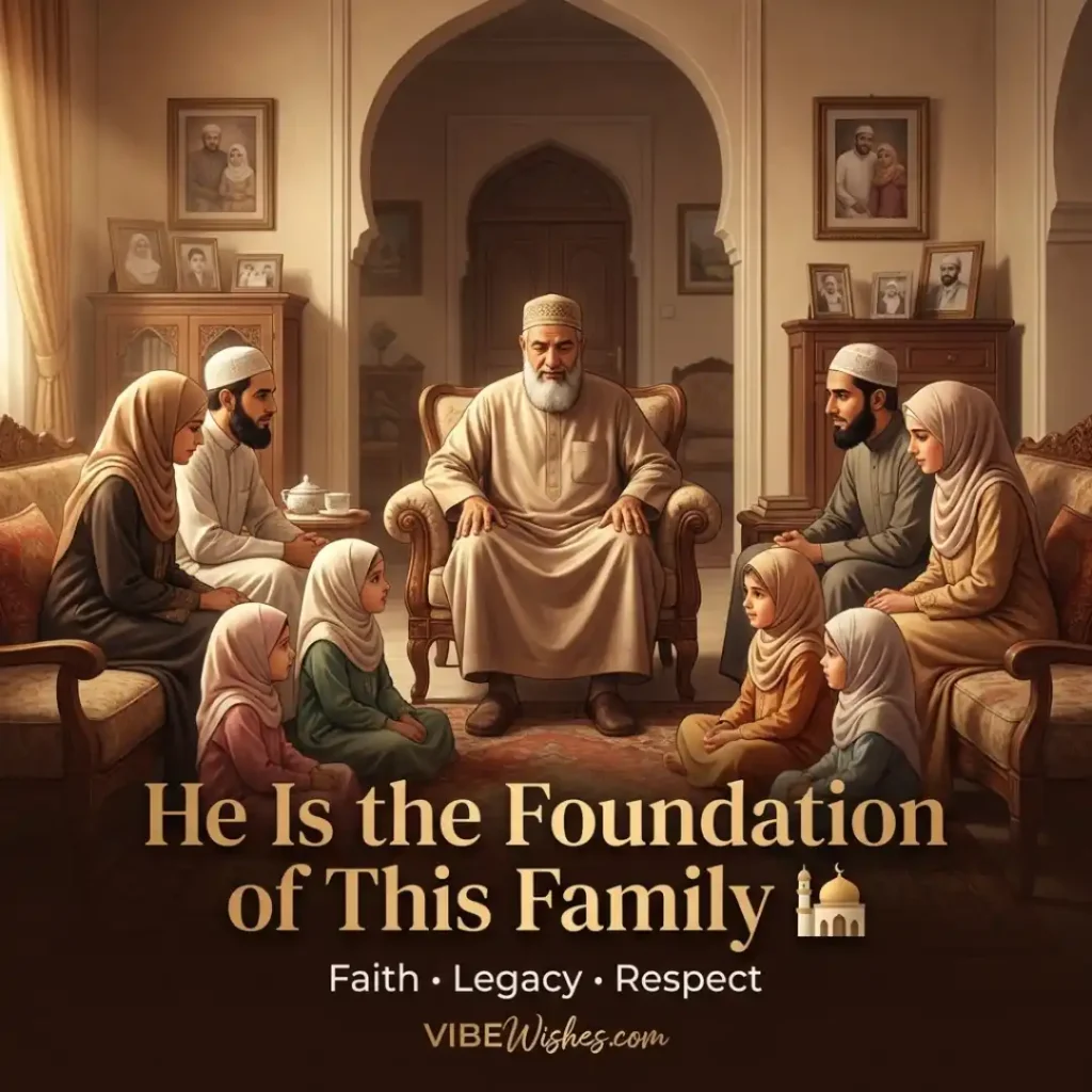 A rich family illustration capturing the spirit of Islamic birthday wishes for grandfather surrounded by loved ones.