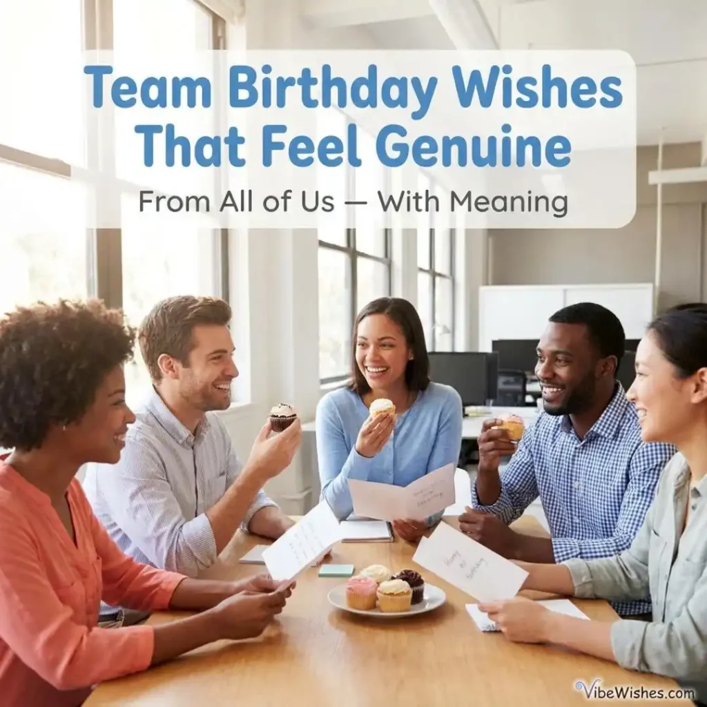A diverse group of corporate professionals sitting around a wooden table holding cards and eating cupcakes, under text reading Team Birthday Wishes That Feel Genuine.