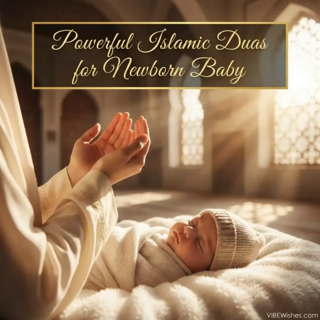 Raised hands making a prayer over a sleeping infant inside a sunlit mosque, highlighting powerful duas and Islamic birthday wishes for newborn baby.