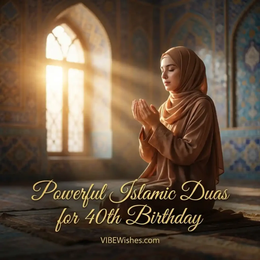 Hands raised in deep supplication against a soft-focus background, highlighting powerful duas for Islamic 40th birthday wishes.